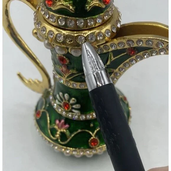 Signed Qifu Green Enamel Jeweled Arabian Nights Trinket  Stash Ring Vanity Box - Picture 8 of 12